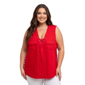Takara v-neck red top with grommet lace-up details, sleeveless and front pockets